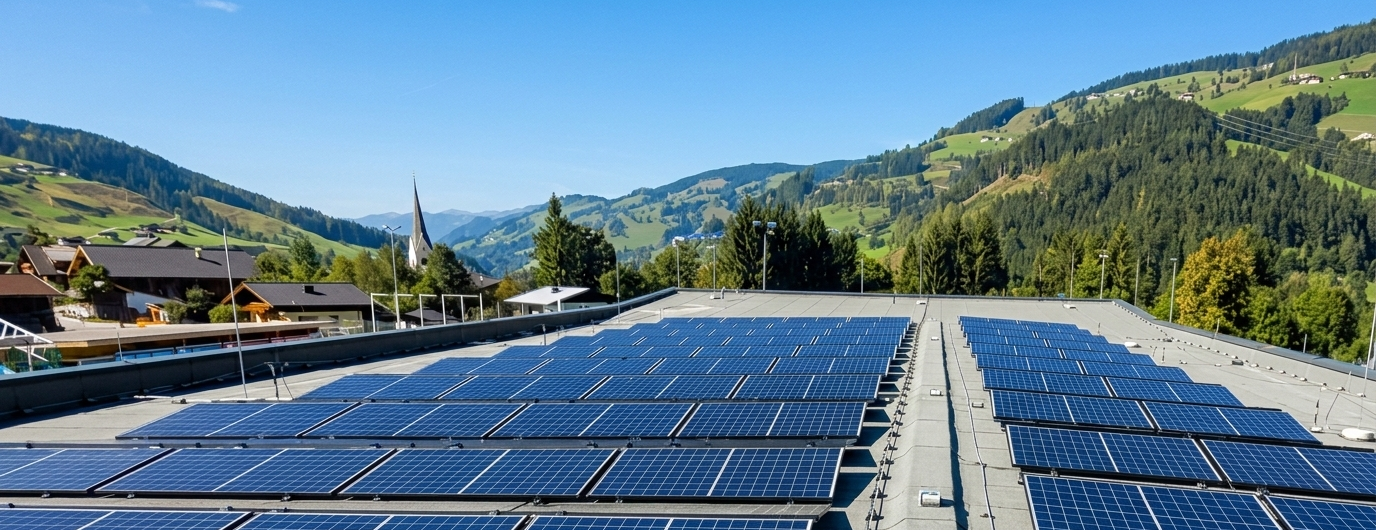 PV-Anlage auf Dach mit Bergpanorama &ndash; PVplus &Ouml;sterreich