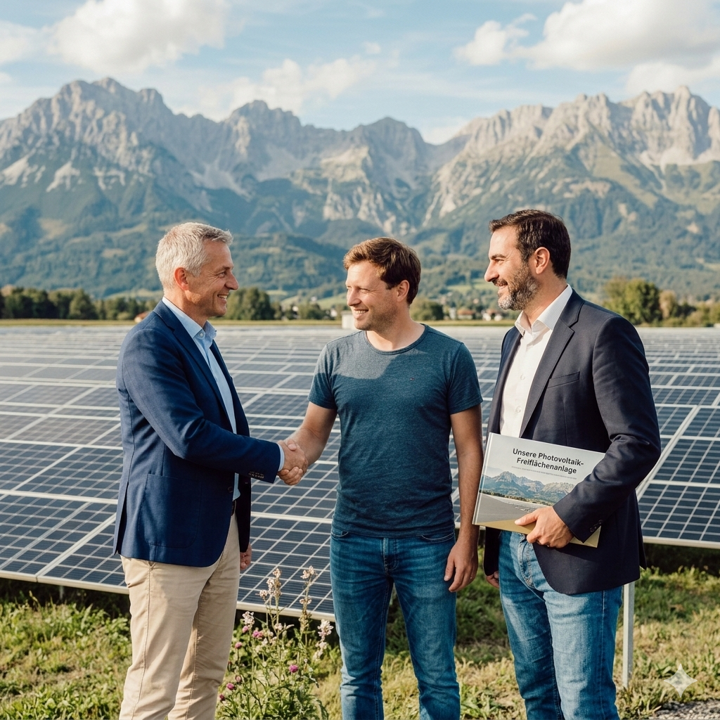 Projekt&uuml;bergabe und Handschlag vor fertiggestellter Solaranlage
