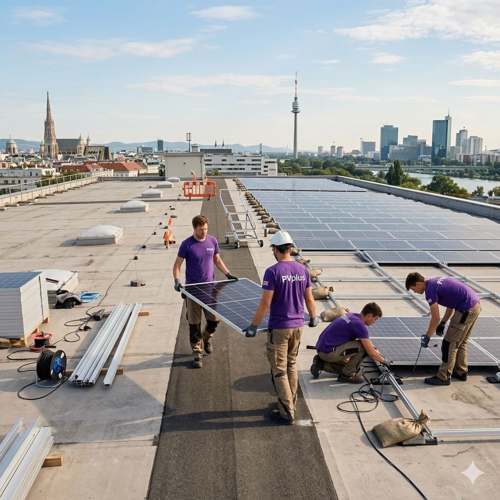 PVplus Montageteam installiert PV-Module auf Wiener Dach